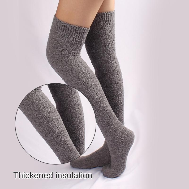 Womens Winter Leg Warmer Coral Fleece Thigh High Boot Socks Solid Color Ribbed Furry Warm Over the Knee Long Stockings