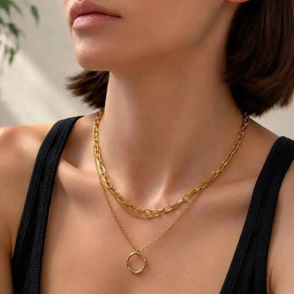 SHIXIN Vintage Simple 18K Gold Plated Stainless Steel Chain Round Pendant Necklace Women Fashion Multilayer Choker Neck Jewelry