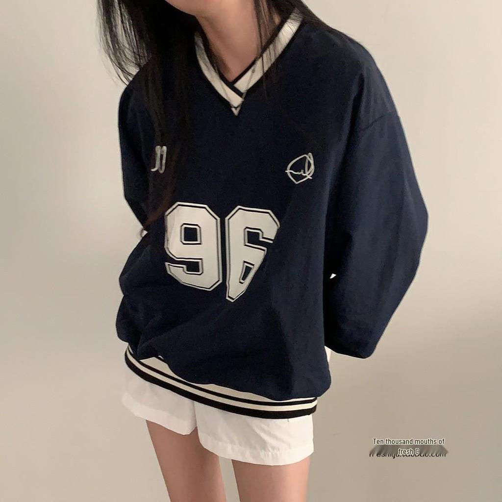 Navy V-Neck Color Block Baseball Girl Sweatshirt - Casual Loose Fit, Thin Long Sleeve
