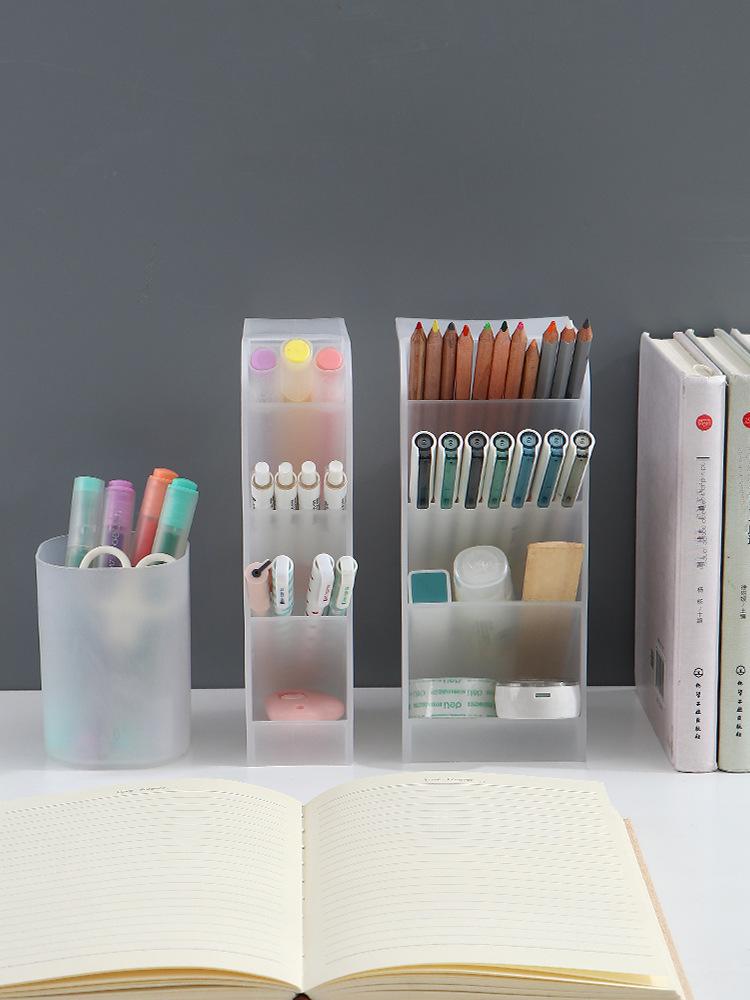 "Desktop Frosted Pen Holder: Slanted Makeup Brush & Lipstick Organizer, Multi-functional Stationery Storage"