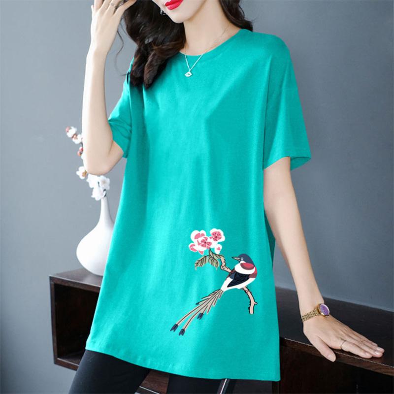 100% bumbac Tricou cu mânecă scurtă de lungime medie pentru femei Vară cu model de culoare uni Imprimare All-match Subțire de lungime medie Top Trendy