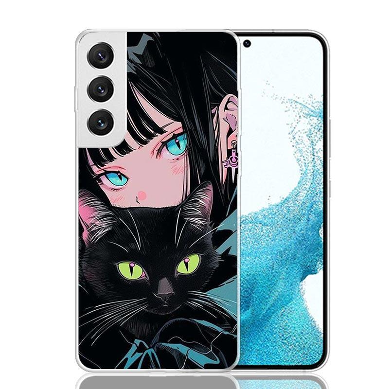Anime Girls Cute Black Cat Phone Case For Samsung Galaxy S26 Ultra S23 S24 S25 Edge S20 FE S21 S22 Plus Soft Print Shell Cover F