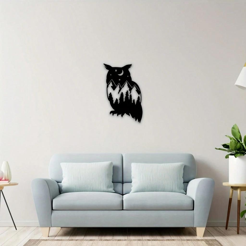Wrought Iron Black Owl Wall Art Decor Metal Bird Sculpture for Home Living Room Bedroom Garden Outdoor Hanging Ornament