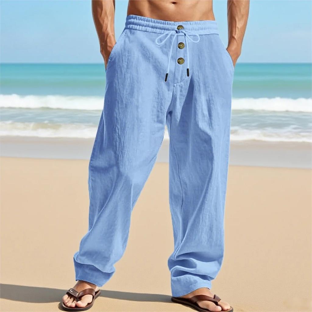 Men's Casual Breathable Pants Summer Solid Color Elastic Waist Button Trousers Loose Fitness Lightweight Wide Leg Beach Pants