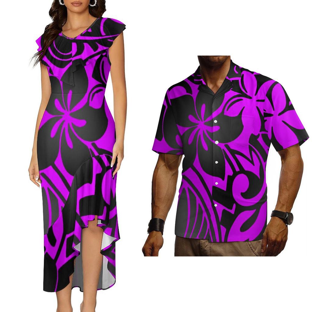 Polynesian Tribal Traditional Samoan Puletasi Dress for Women Custom Elegant Dresses Vintage Floral Dress Couple Set