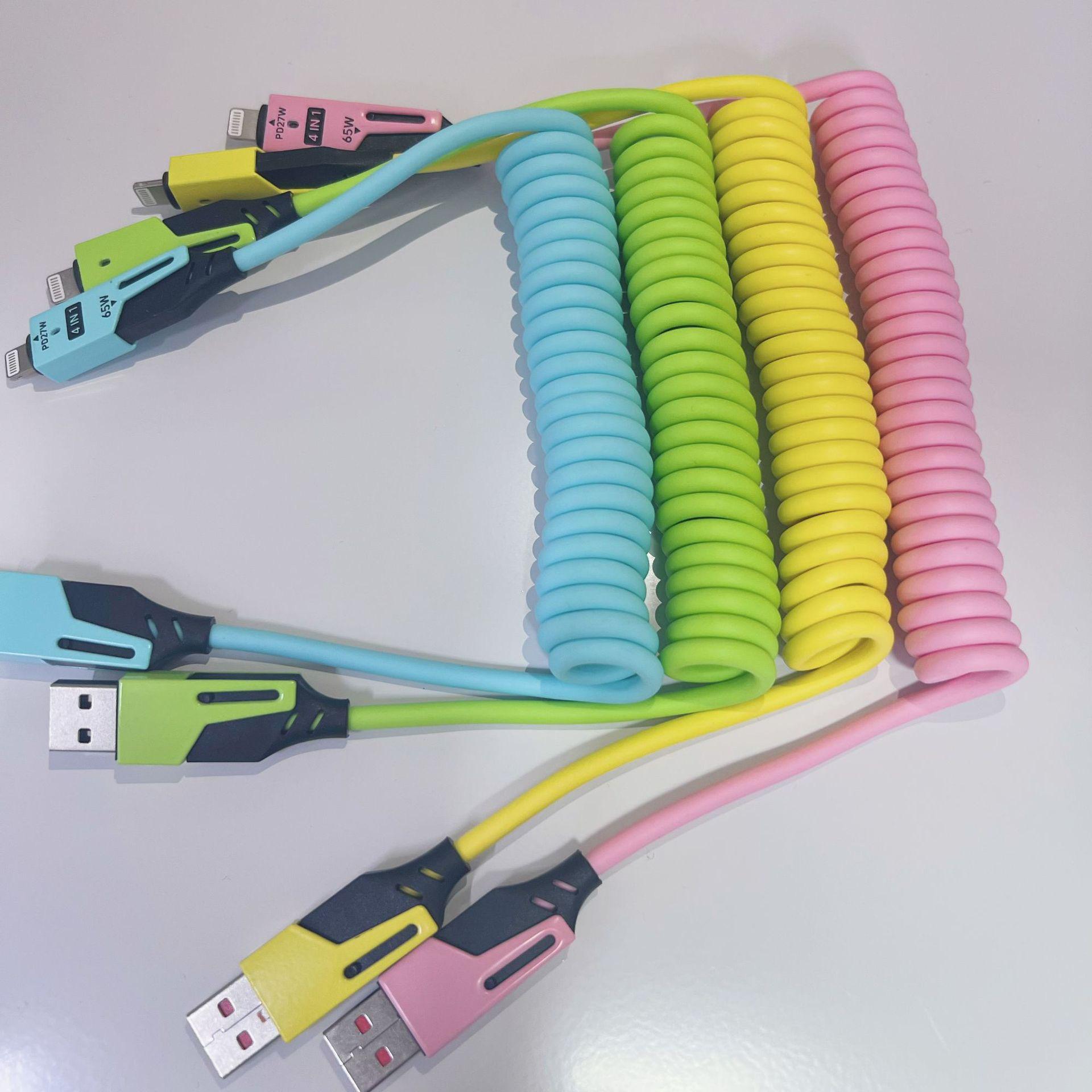 Spring Retractable 4-in-1 USB Fast Charging Cable for Apple & Huawei Phones 1.5m Spring Retractable Four-in-One [Bare Cable] синий