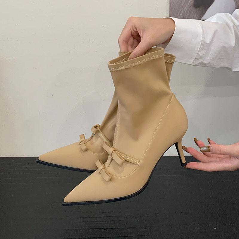 Fashion Fashion Elastic Women Ankle Stretch Boots Heels Shoes Butterfly-Knot Female Pointed Toe Ladies Modern Boots Slip On Shoes