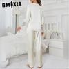 GMXIA Women's Pajamas Autumn and Winter Lace Mesh Long-sleeved Trousers Two-piece Silk Homewear