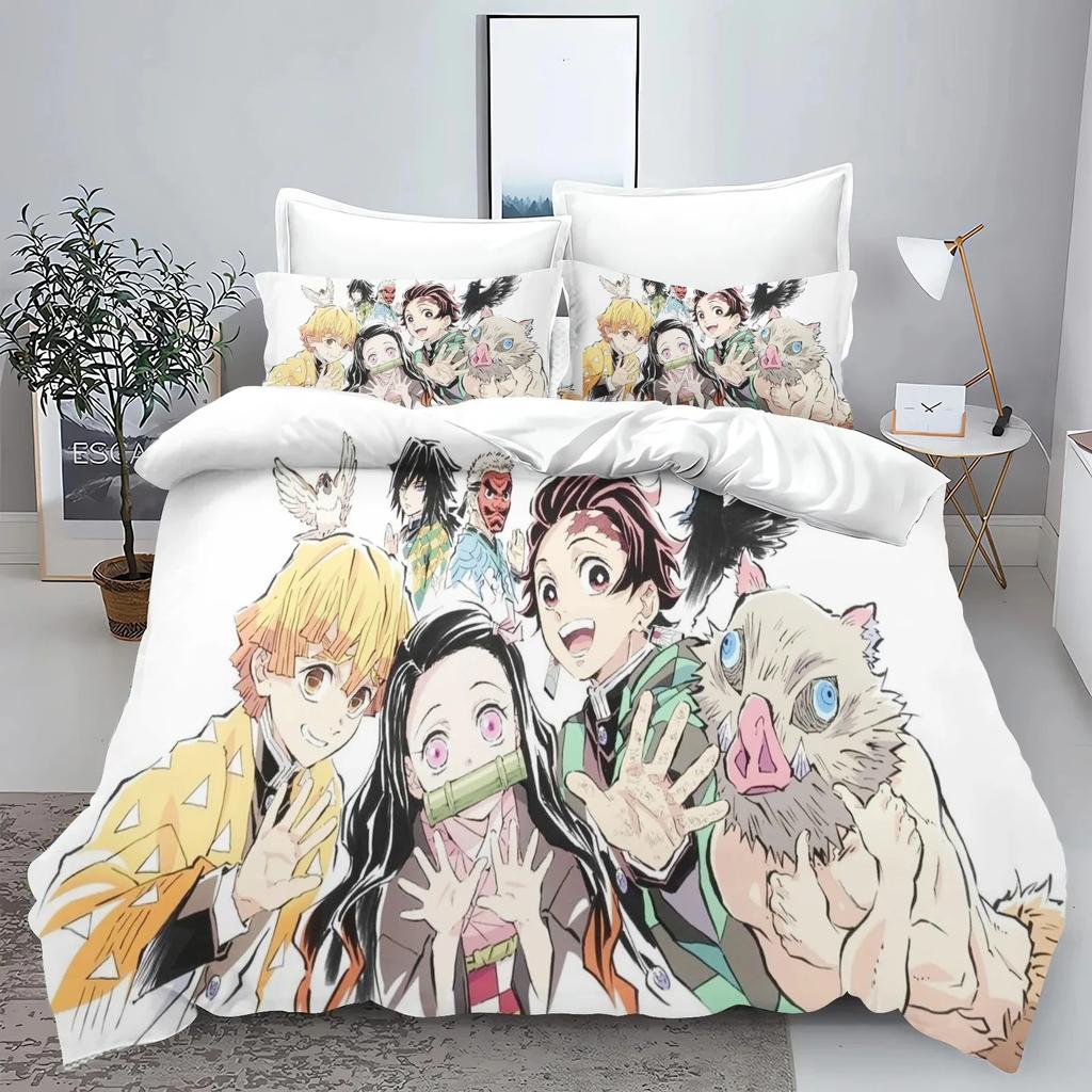 Demon Slayer Kimetsu no Yaiba kamado Nezuko Anime 100% Polyester Bettwäscheset Bettbezug-Set Gedruckte Cartoon Heimdekoration
