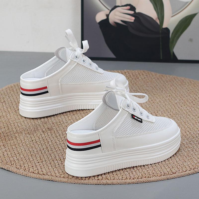 Mode 7CM Air Mesh Echtleder Lässige Bequeme Schuhe Klobige Slipper Hohe Marke Atmungsaktiv Sommer Plateau Keilabsatzschuhe