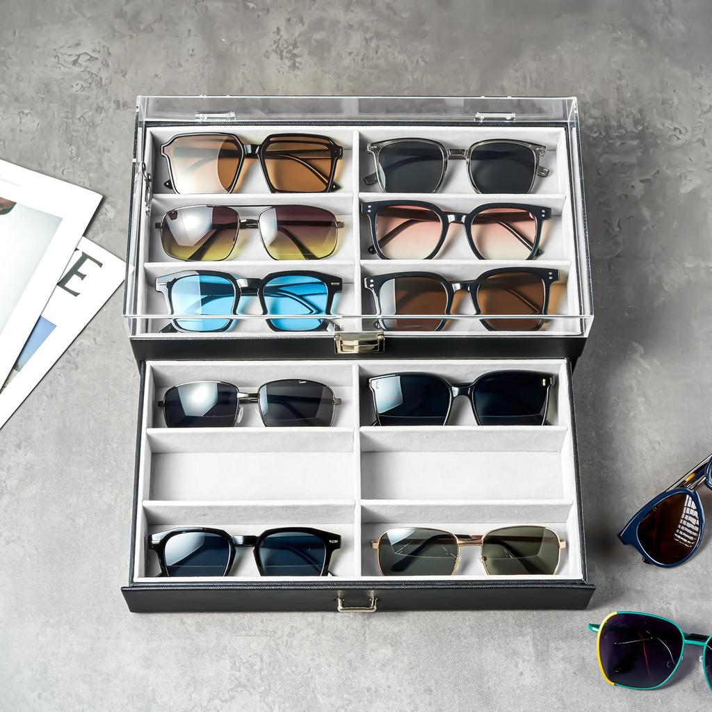 ProCase Sunglasses Case 12 Storage Box for Eyeglasses and Acrylic PU Black (Holds Sunglasses), 2-Tier Jewelry, Lid, Material,