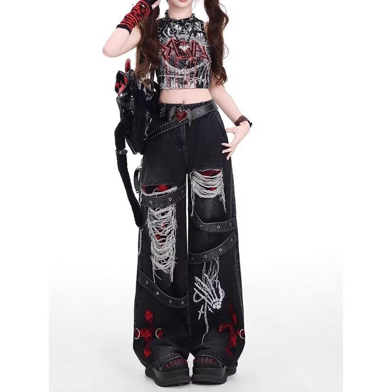 Pantaloni di Jeans Larghi Pigri Rilassati Stile Americano Ragazza Piccante Femminili Punk Retro Lavati alla Moda Versatili Pantaloni Casual