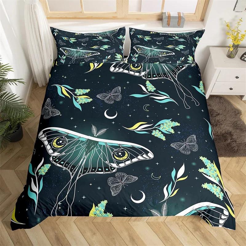 Death Moth Duvet Cover Set Queen Size Gothic Skull Boho Comforter Cover Black And White Skeleton Decorative Soft Bedding Set