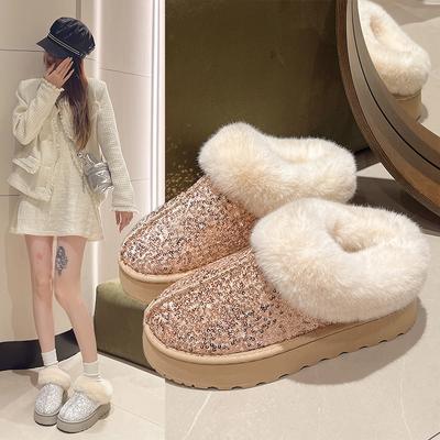 Winter Damen Kurzer Plüsch Warme Schneestiefel Freizeitschuhe Neue Glitzernde Pelz Chelsea Stiefeletten Flats Plateau Damenschuhe Botas