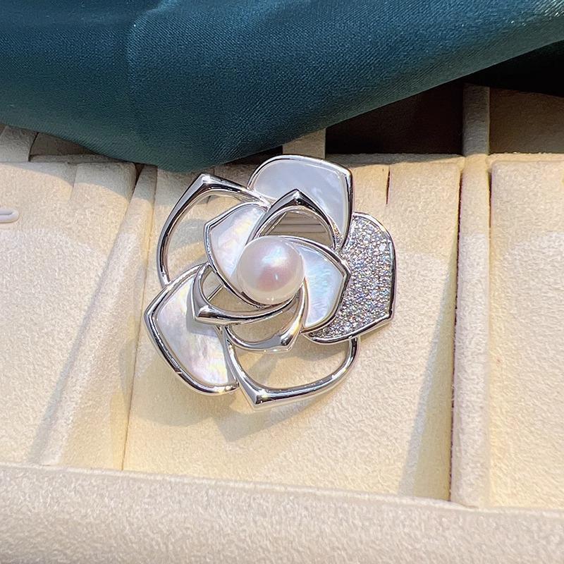 Luxury Pearl Rose Brooch: Women's Camellia Coat Pin Accessory