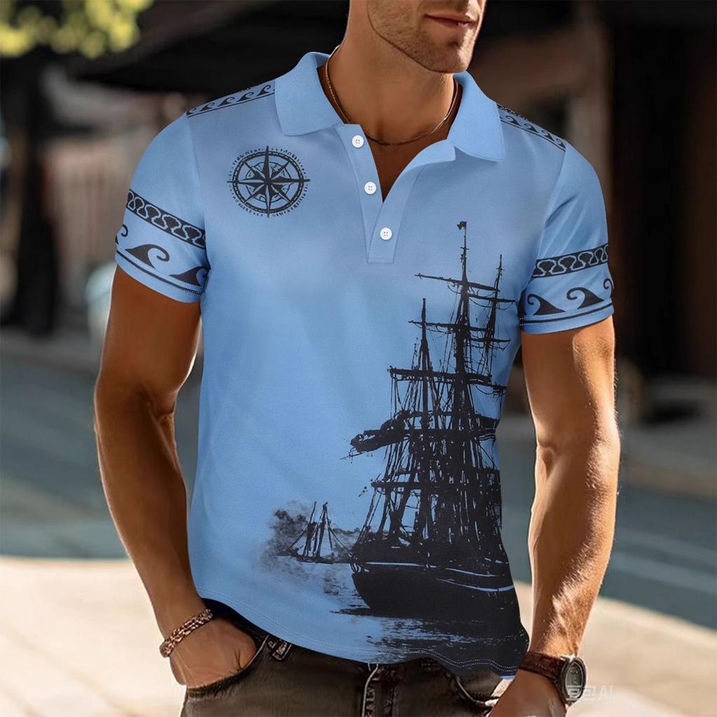 Men's Summer Sailing Pattern Short Sleeve Top With Collar Pocket Half Sleeve T-shirt