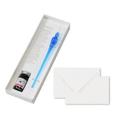 Herbin G.LALO Glass Pen, Handcrafted Tsumugi Blue & Mini Ink Deep Blue (10ml) Set, Founded In 1670 by a Traditional French Brand. Includes a Card and