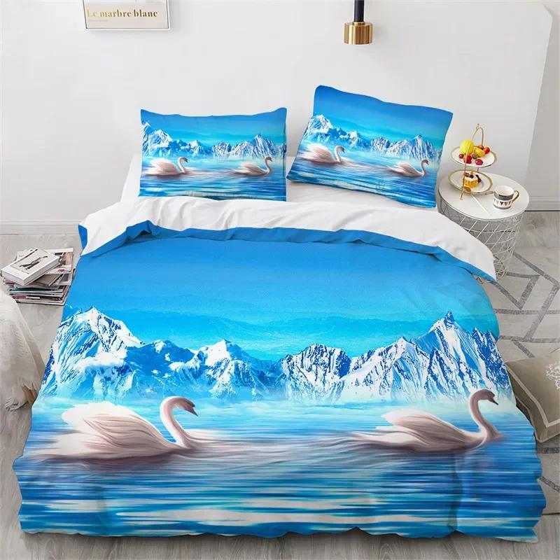 Couple Swan Duvet Cover King Queen For Girls Teen Room Decor Microfiber Romantic Flower Bedding Set Wild Animals Comforter Cover