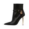 Fashion Women Sexy Metal Lock Decorate Ankle Boots Autumn Winter New Gold High Heel Pointed Belt Buckle Fashion Long Boots Size 34-43