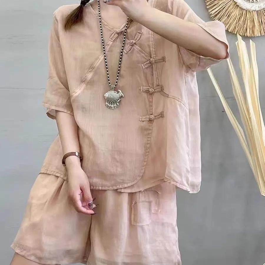 Women's Summer Set: Cotton-Linen Short-Sleeve Top + Shorts, Loose-Fitting Casual Two-Piece Set