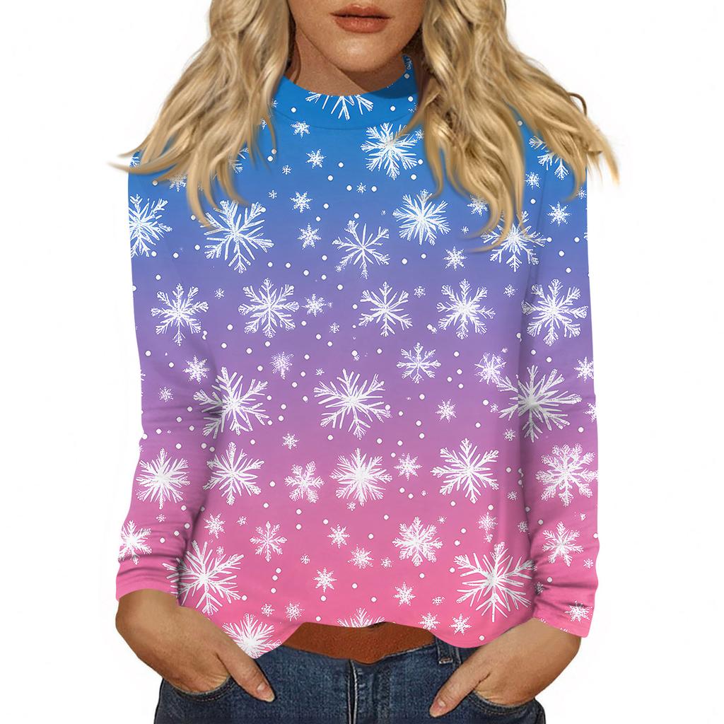 Damen Herbst Casual Langarmshirts Sweatshirt Vintage Bedrucktes High Neck Top Pullover