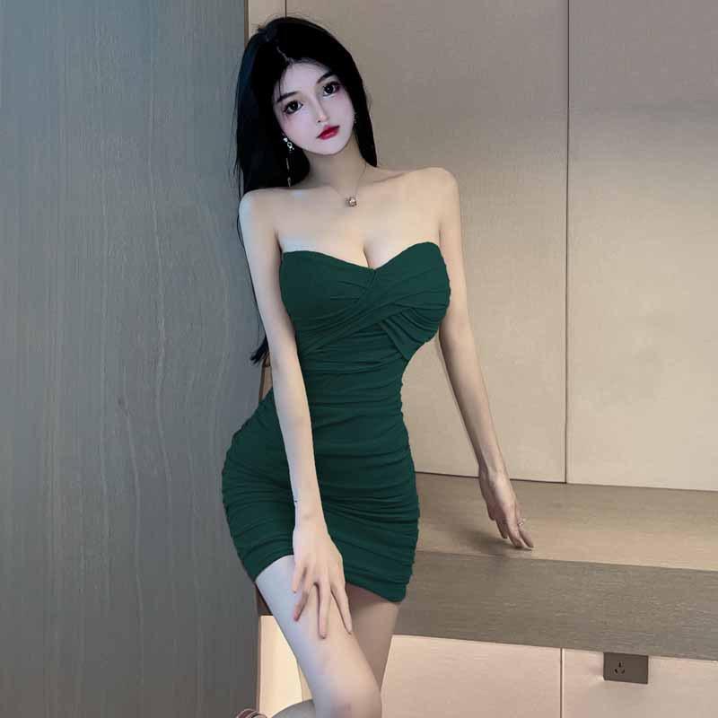 

Женское французское платье-труба с глубоким вырезом и плиссировкой, сексуальное обтягивающее платье S зелёный