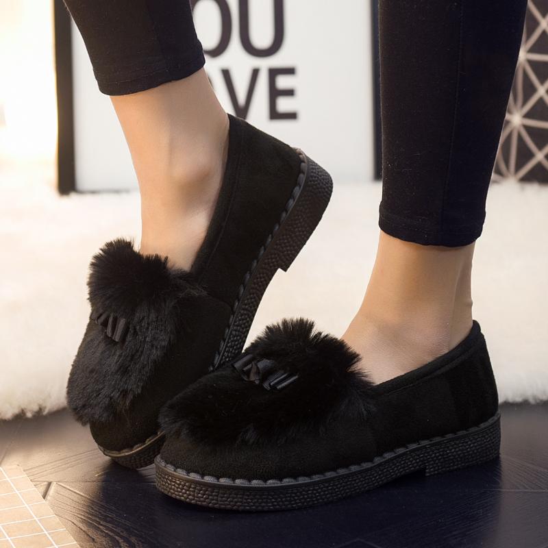 Fashion Women Casual Flat Shoes Soft Loafers Fashion Winter Shoes Comfort Warm Plush Bow Slip On Female Cotton Shoes Zapatos De Mujer