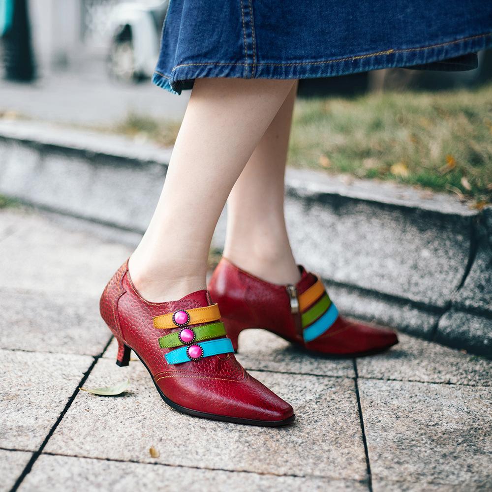 Gerçek Deri Patchwork Yüksek Topuklu Retro Kabartmalı El Boyalı Pompalar Çok Yönlü Kadın Ayakkabıları
