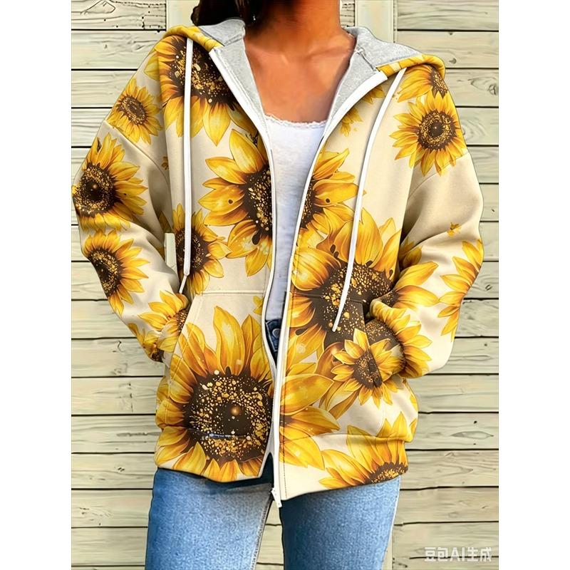 Felpa con cerniera, patchwork, alla moda, larga, casual da donna, stampa floreale, moda primavera ed estate