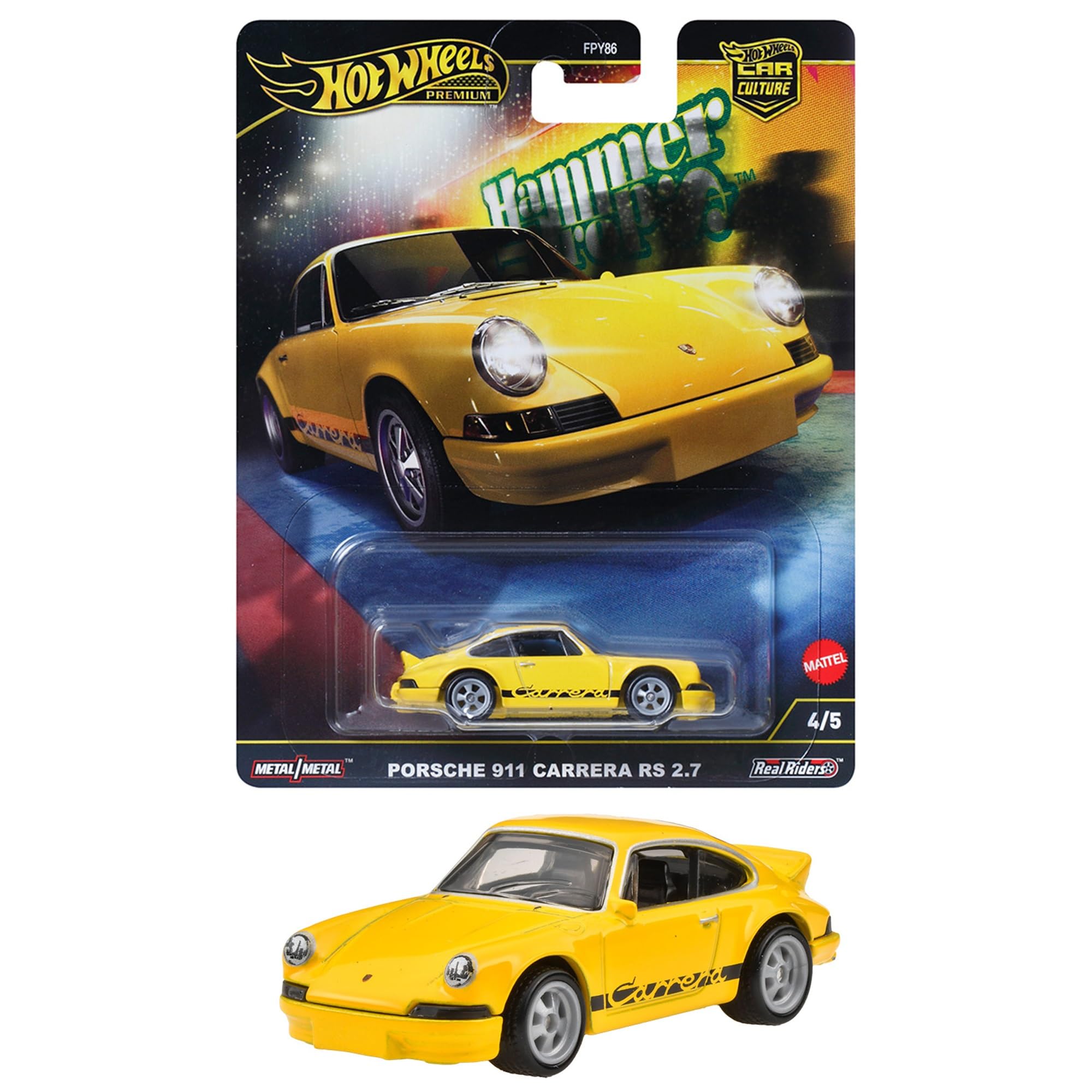 

Hot Wheels Car Culture Hammer Drop Porsche 911 Carrera RS2.7 Игрушечный автомобиль, Желтый, HRW07, Возраст 3 года и старше