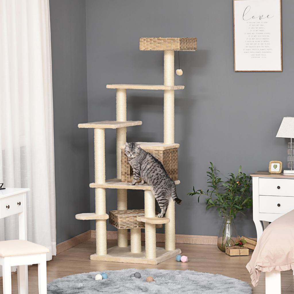 Rattan Cat Tree with Cat Den Multi-Level Cat Tree Climbing Tree for Cats E1 MDF Sisal Beige+Brown 55 x 55 x 174 cm