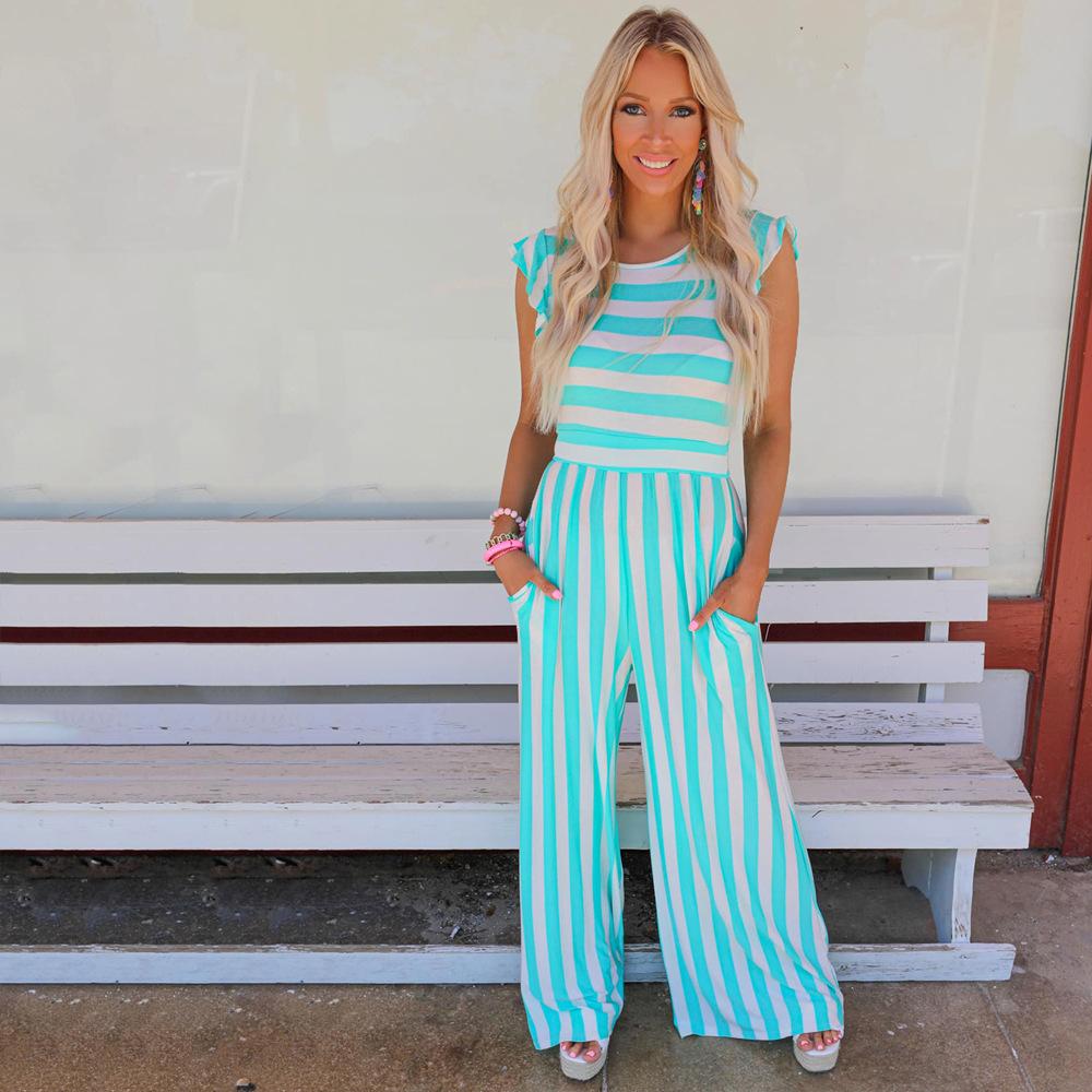 

Летний женский модный полосатый комбинезон без рукавов с принтом, свободный комбинезон L синий