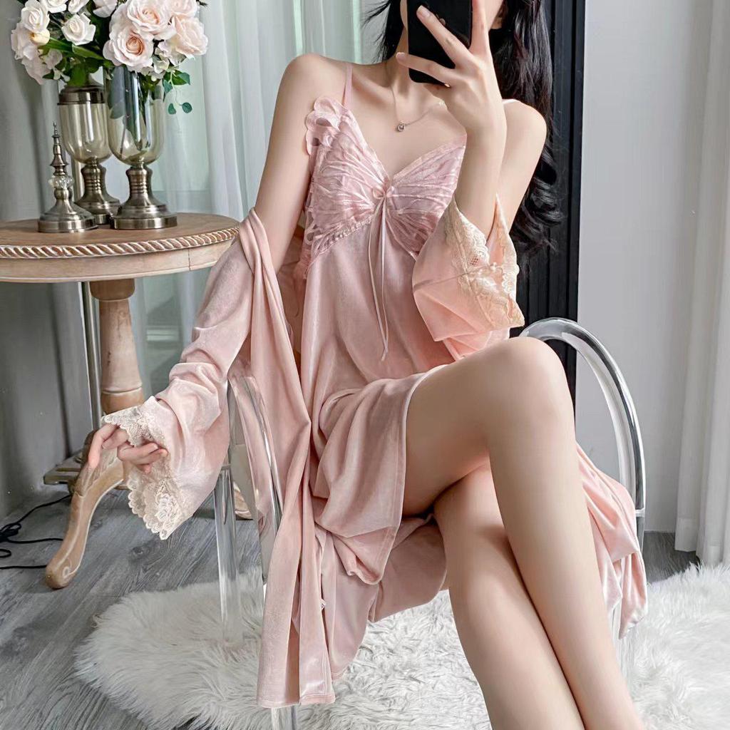 Women's Gold Velvet Butterfly Lace Pajama Set – Camisole and Beautiful Back Sleepwear with Chest Pads for Autumn/Winter.