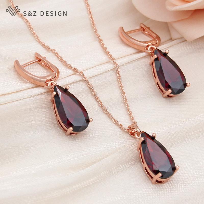 Fashion Water Drop Cubic Zirconia Dangle Earrings Jewelry Sets For Women Wedding Rose Gold Color Necklace