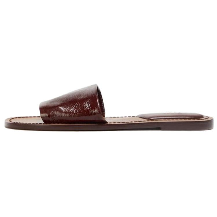 Zara Patent Leather Single Strap Flat Slide Sandals Brown Women 3612610709 36