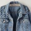 Women's Short Denim Jacket Beaded Pearl Jacket Loose Spring and Autumn Denim Jacket