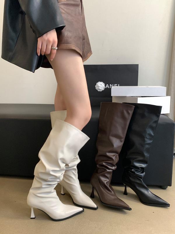 Spice girls pile boots super wide boots women's 2025 new thin pointed fashion high heel soft leather boots knee boots