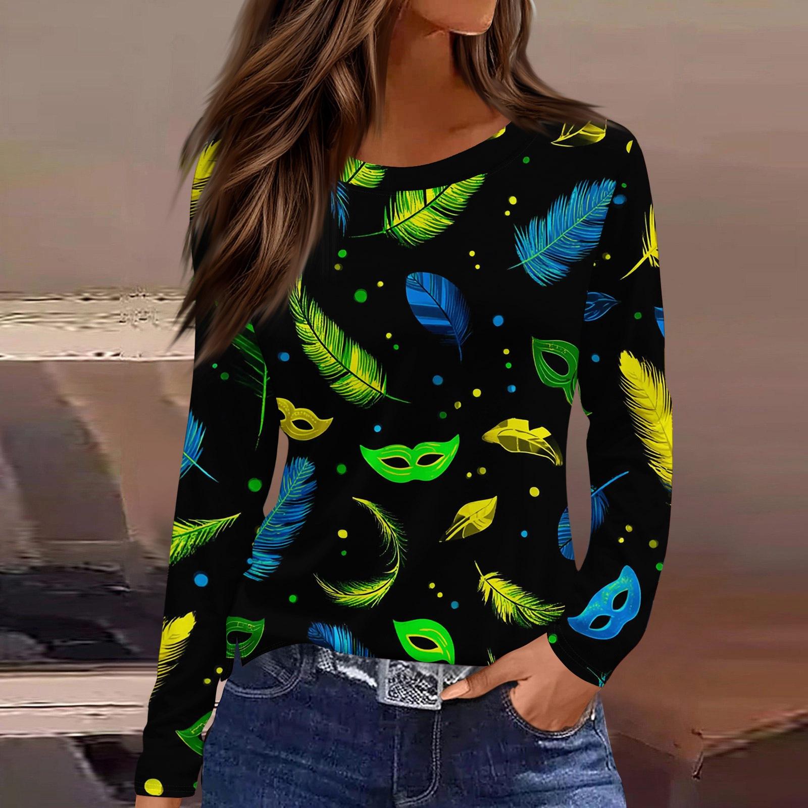 

Женский модный топ с круглым вырезом, длинными рукавами и разрезом по низу, с карнавальным принтом M зелёный