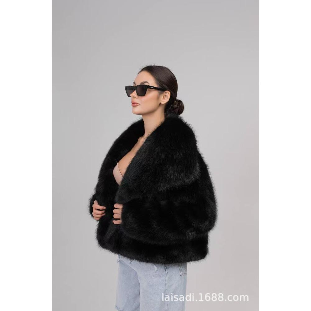 Women's Lapel Long Sleeve Faux Fur Short Coat Loose Sweet Solid Color Warm Winter Furry Outerwear Jacket