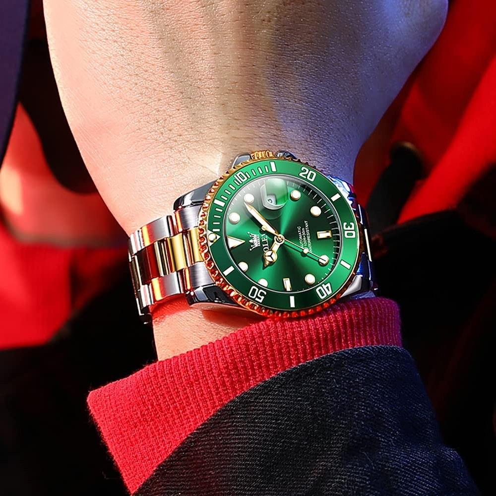 OLEVS Men's Mechanical Automatic Watch G6650 Waterproof Luminous Date Stainless Steel Green and Gold