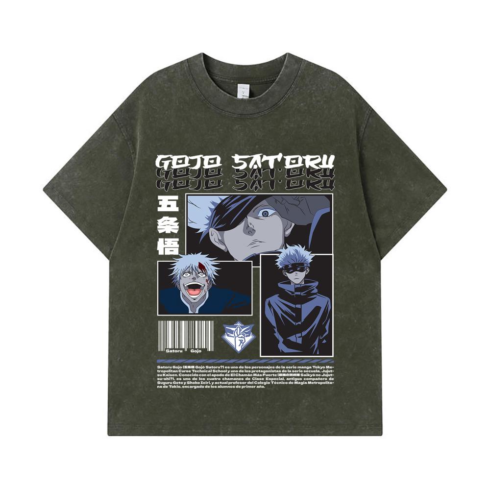 

275 GSM Washed T-shirts 100% Cotton Jujutsu Kaisen V26 Gojo Print Unisex Heavy Cotton T Shirt S армия зеленый