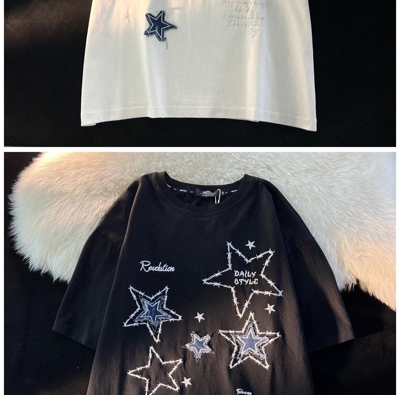 Unisex Embroidered Star Short-Sleeve T-Shirt, Pure Cotton, American Style, Trendy Loose Fit, Heavyweight Summer Tee