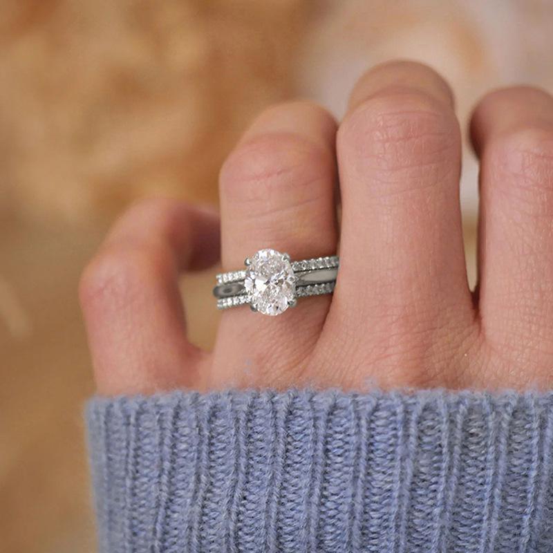 Cao Shi Luxury Four-Prong Oval Zirconia Wedding Ring Set - Three-Piece Design for Women