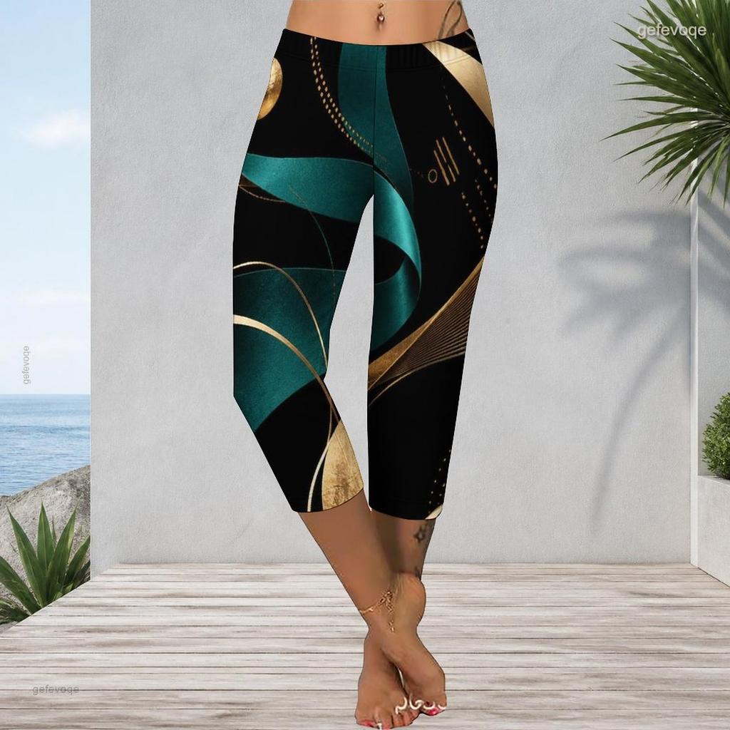 Womens Plus Size High Waist Capri Length Leggings Abstract Vertical Gradient Print Soft Stretchy Casual Workout Cropped Pants
