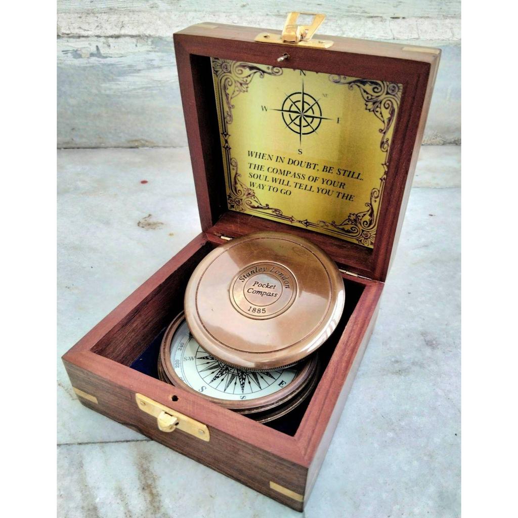 India Antique Brown Finish Brass Poem Compass Stanley London With Wood Box Nautical Compass (Brown)