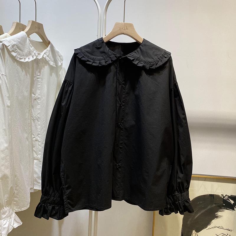 Kadın Gotik Lolita Gömlek Bahar Tasarım Gömlek Kadın Gevşek Ahşap Kulaklar Yaka Fırfırlı Kol Tatlı Bebek Gömlek