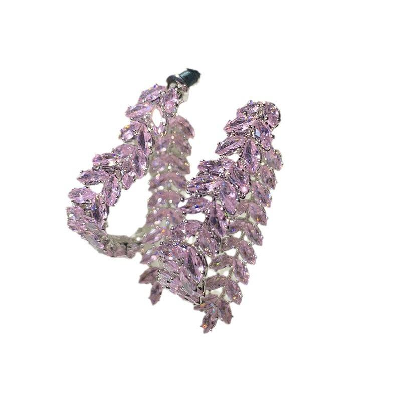 Pink Love Earrings Front and Rear Dual-purpose Integrated Super Flash Fairy Temperament Elegant Girl Heart Flow Su Leaf Earrings