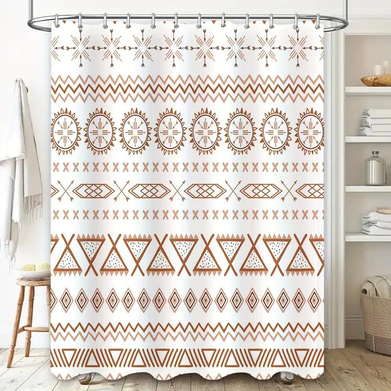 Rustic Geometric Shower Curtain Bath Decor Set with 12 Hooks in Neutral Beige Tones for Modern Home Bathroom