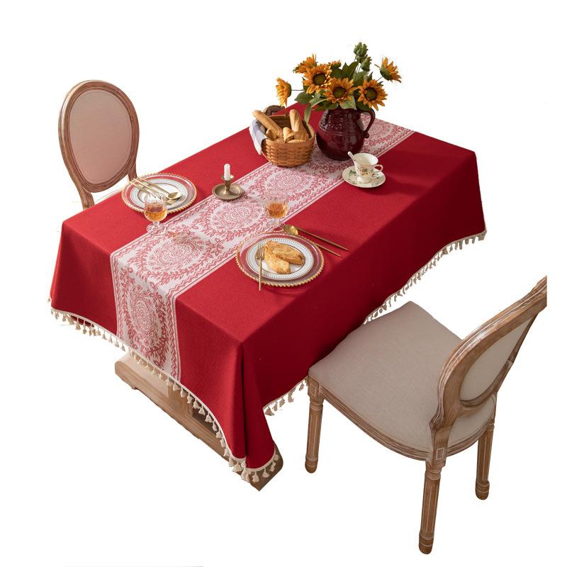 Red Wedding Festive Christmas Day Jacquard Retro Fringed Tablecloth Coffee Table Cloth Dining Table Cloth Cover Towel