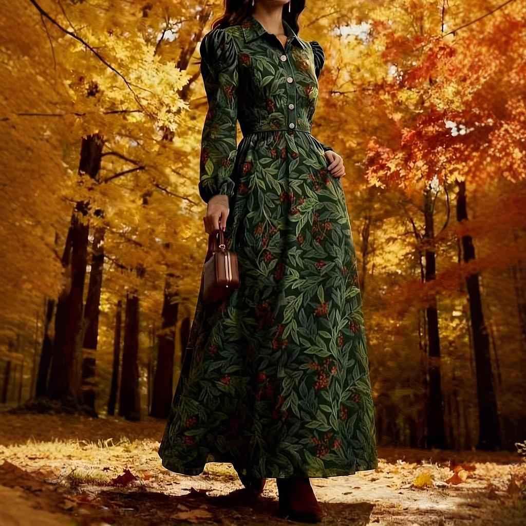 Retro style plant berry print long-sleeved long dress dark green waist design autumn outdoor wear elegant atmosphere